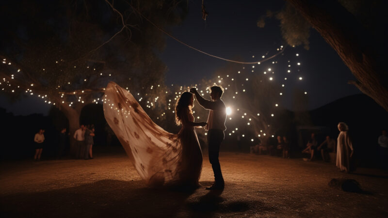Young adults dance in illuminated outdoor celebration generated by artificial intelligence